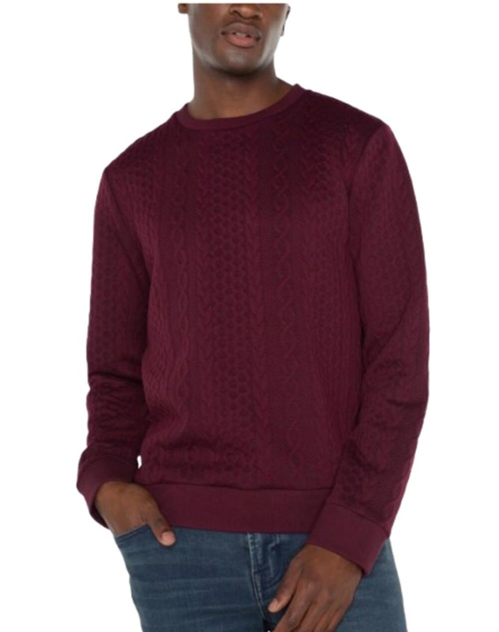 LIVERPOOL Men's Cable Knit Crew Neck Sweater Small Burgundy Red Jacquard NWT